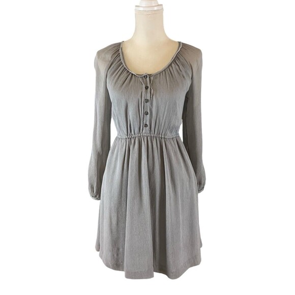 J.Crew 100% Silk Long Sleeve Dress Women's 0 Gray Pockets Elastic Waist Buttons - Picture 1 of 13
